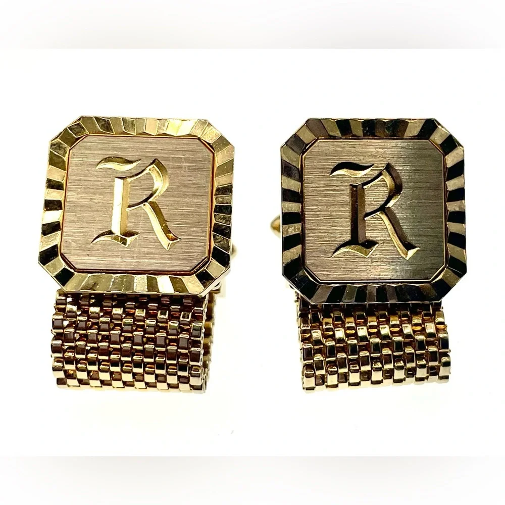 Vintage Cufflinks Wraparound Chain Mesh Monogram R Letter Gold Tone Signed 70s